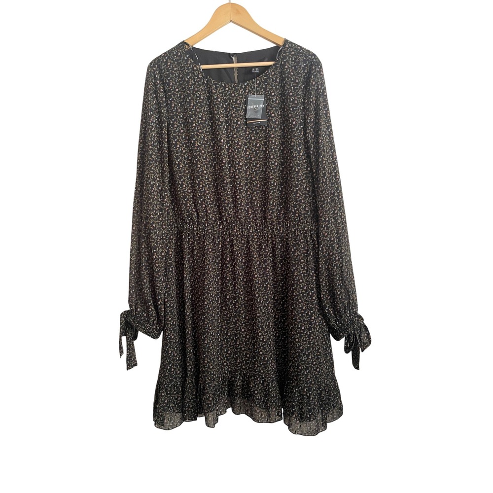 NWT Plus Size 3X Black Floral Metallic Sheer Sleeve Mini Dress Boho Ruffle Flowy